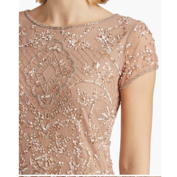 PISARRO NIGHTS New Beige Nude Beaded Mesh Midi Cocktail Dress Holiday NWT Sz 4 - Picture 11 of 11
